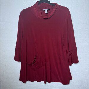 Joseph Ribkoff Size 14 Red Tunic Top Pocket Mock Neck Lagenlook Artsy 3/4 Sleeve